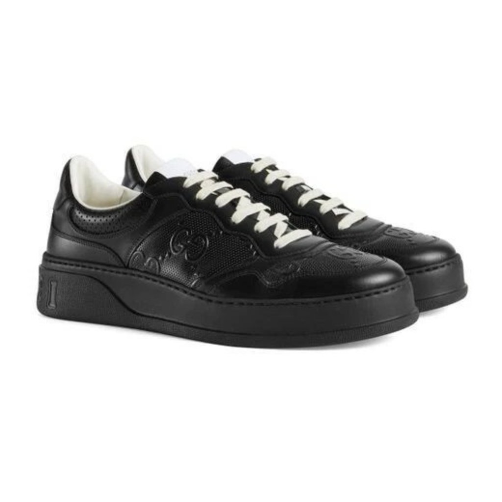 $850 Gucci Gg Men’s Black Embossed Leather Sneaker Uk 10, Us 10.5